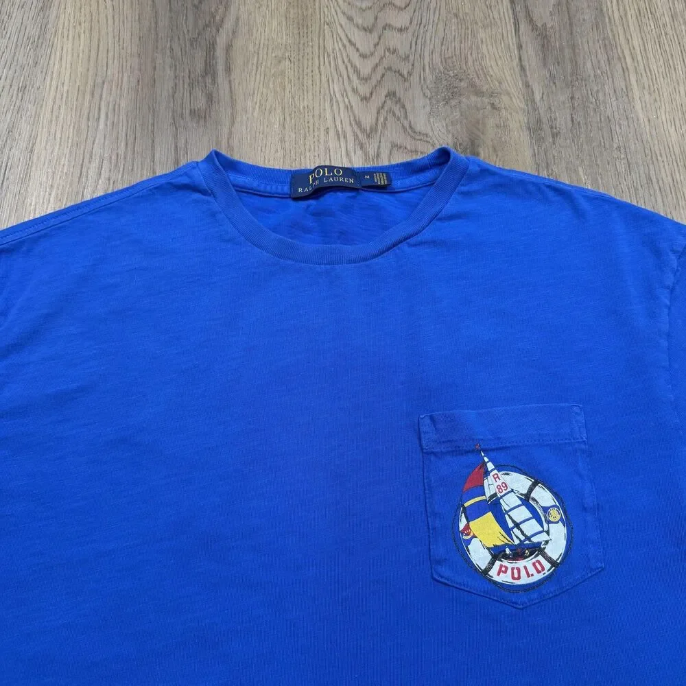Polo Ralph Lauren Shirt Mens Medium Blue Sailboat Pocket Graphic Tee Nautical